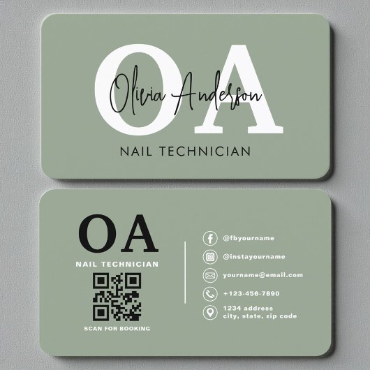 Carte De Visite Sage Green Nail Artist QR Code