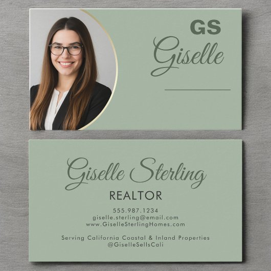 Carte De Visite Sage Green Photo Monogramme Realtor Luxe