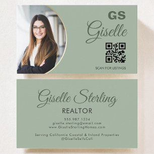 Carte De Visite Sage Green Photo Monogramme Realtor QR Code