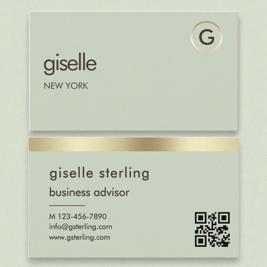 Carte De Visite Sage Green QR Code Faux Gold Foil Monogramme