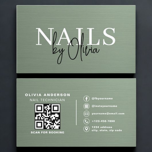 Carte De Visite Sage Green QR Code Nail Specialist Metallic 