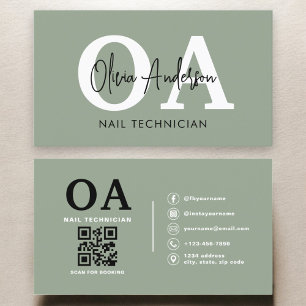 Carte De Visite Sage Green QR Code Nail Spécialiste Artiste