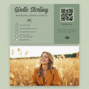 Carte De Visite Sage Green QR Code Photo Monogramme Médias sociaux