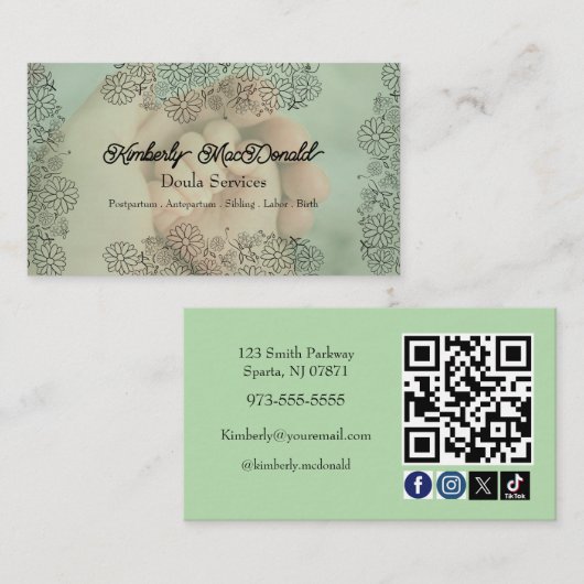 Carte De Visite Sage Green script de doula icône sociale code QR p (Devant / Derrière)