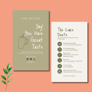 Carte De Visite Sage Green Tumbler Care Instruction Card