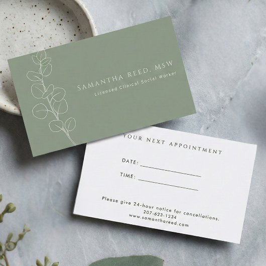 Carte De Visite Sage Green White Eucalyptus Therapist Appointment
