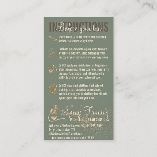 Carte De Visite Sage Instructions Spray Tan avant le guide AfterCa (Devant)