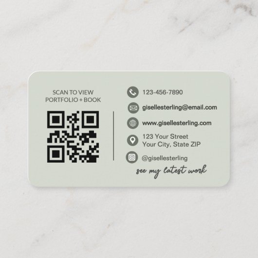 Carte De Visite Sage moderne vert QR Code Script élégant (Dos)