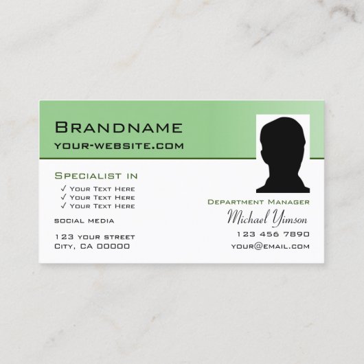 Carte De Visite Sage Vert blanc simple avec Monogramme et photo (Dos)