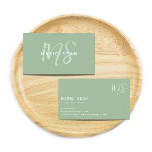 Carte De Visite Sage Vert Minimaliste Simple Deux Monogrammes