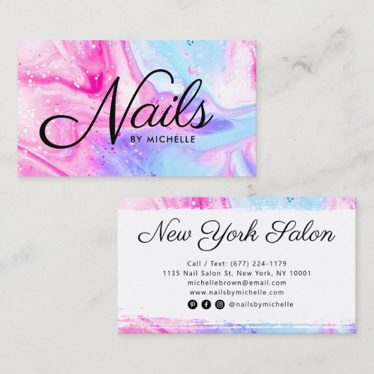 Carte De Visite Salon à ongles bleu rose girly abstraite aquarelle (Devant / Derrière)