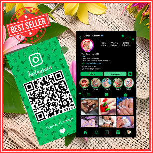 Carte De Visite Salon à ongles Instagram vert   Social Media QR Co