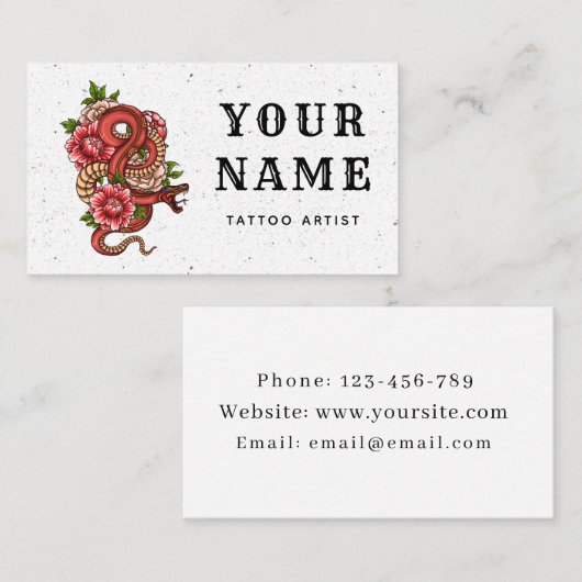 Carte De Visite Salon Artiste De Tatouage Floral Serpent Rouge Rep (Devant / Derrière)