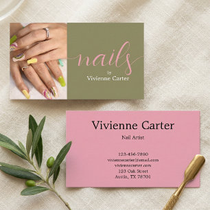 Carte De Visite Salon d'artiste en onglerie Olive Green Pink Scrip
