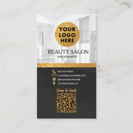 Carte De Visite Salon de beauté Black Gold Code QR Rendez-vous (Devant)
