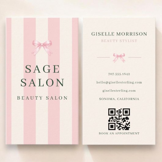 Carte De Visite Salon de beauté Code QR Ruban rayé rose et vert