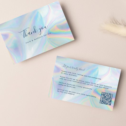 Carte De Visite Salon de beauté Holographique QR Code Script Merci