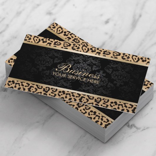 Carte De Visite Salon de beauté Leopard Black Damask de luxe