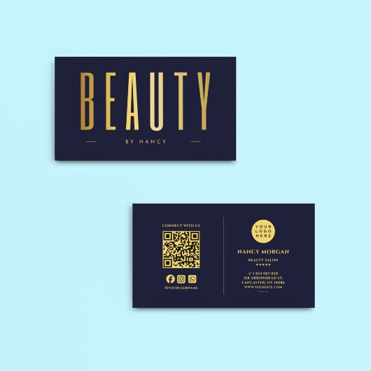 Carte De Visite Salon De Beauté Marine Et Or QR Code & Logo