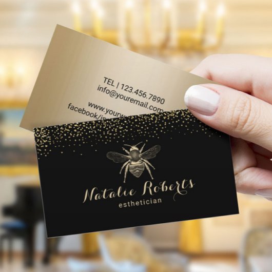 Carte De Visite Salon de beauté moderne Black & Gold Bee Logo