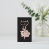 Carte De Visite Salon de beauté moderne Rose Gold Flower & Cisor (Debout devant)