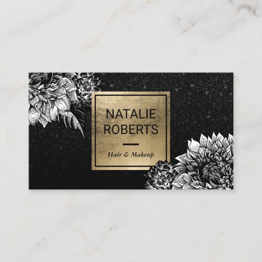 Carte De Visite Salon de beauté noir floral moderne de parties (Devant)