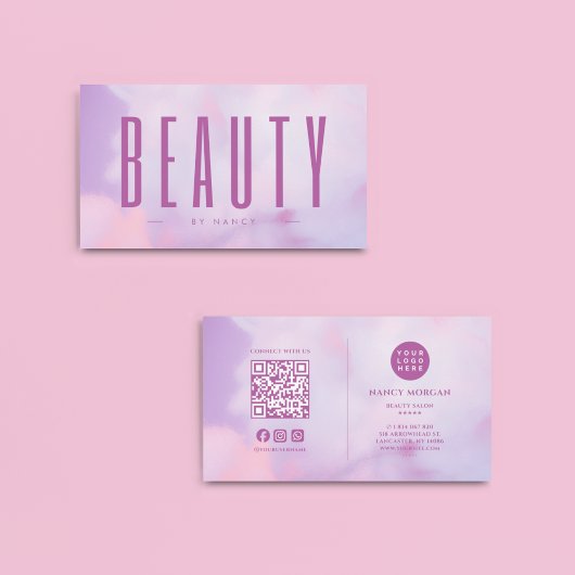 Carte De Visite Salon de beauté QR Code & Logo Holographique viole