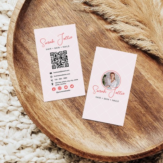 Carte De Visite Salon de beauté rose Scannable QR Code photo