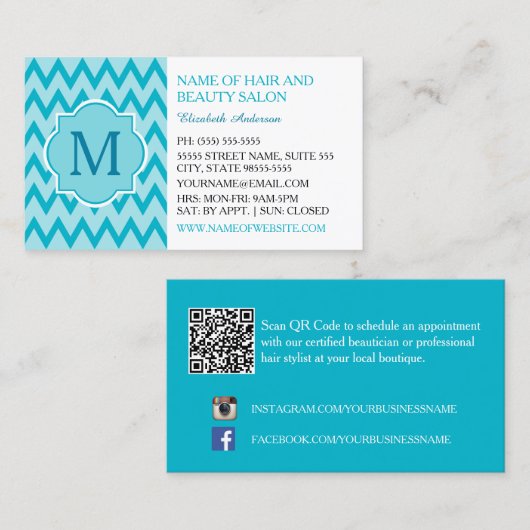 Carte De Visite Salon de Beauté Turquoise Chevron (Devant / Derrière)