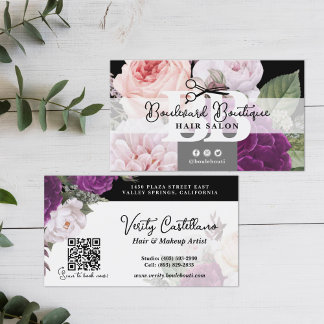 Carte De Visite Salon de cheveux floraux noir et blanc Styliste QR