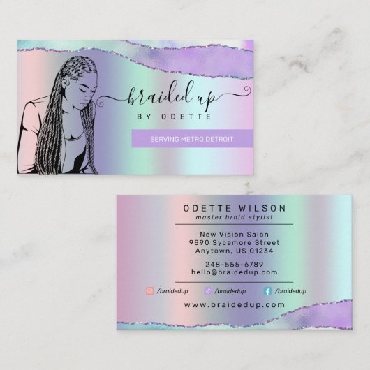 Carte De Visite Salon De Cheveux Pastel Busine Métallique Violet (Devant / Derrière)