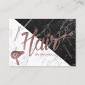 Carte De Visite Salon de cheveux Rose Gold Script noir & Marbre bl (Devant)