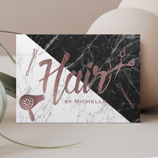 Carte De Visite Salon de cheveux Rose Gold Script noir & Marbre bl