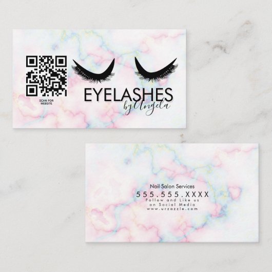 Carte De Visite Salon de cils Beauté Marbre Cils QR CODE (Devant / Derrière)