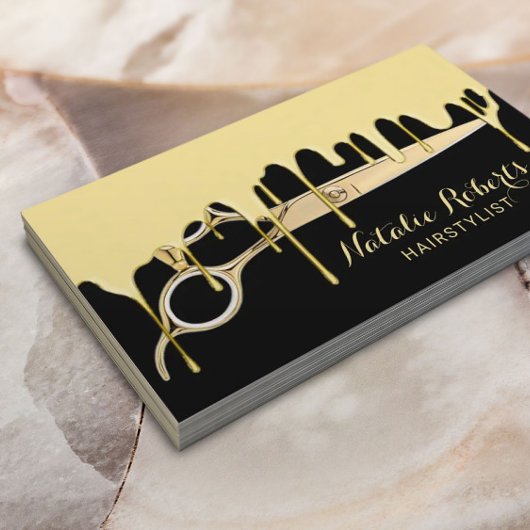 Carte De Visite Salon de ciseau doré à goutte de cheveux Styliste