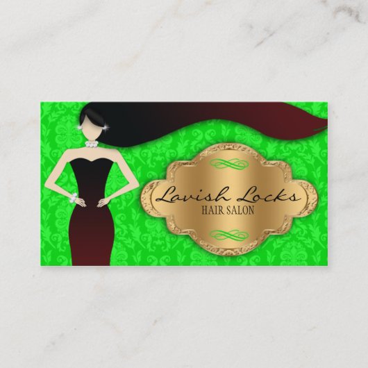 Carte De Visite Salon de coiffeur de damassé d'or vert (Devant)