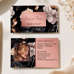 Carte De Visite Salon de coiffure chic floral noir rose blush mono