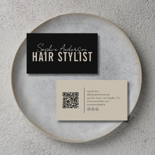 Carte De Visite Salon de coiffure Code QR noir et beige