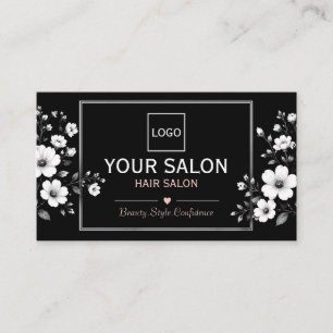 Carte De Visite Salon de coiffure floral noir et blanc élégant