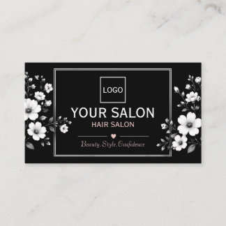 Carte De Visite Salon de coiffure floral noir et blanc élégant