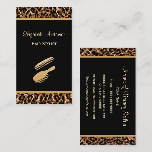 Carte De Visite Salon de coiffure Leopard Noir et Or (Devant / Derrière)