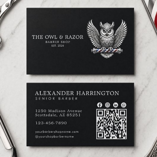 Carte De Visite Salon de coiffure Master Barber Silver Owl Code Qr