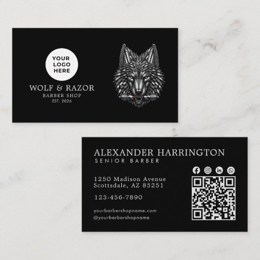 Carte De Visite Salon De Coiffure Moderne Logo Silver Wolf Code Qr (Devant / Derrière)