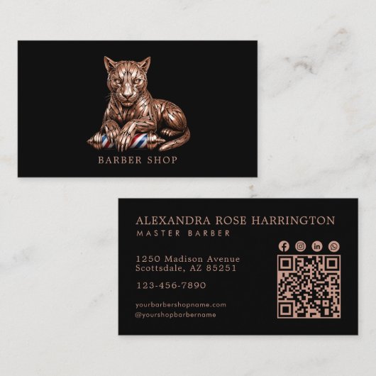 Carte De Visite Salon de coiffure Rose Gold Panther Qr Code Coiffe (Devant / Derrière)