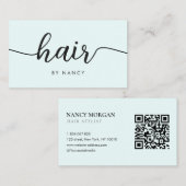 Carte De Visite Salon de coiffure Script Typographie Qr Code Bleu (Devant / Derrière)