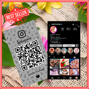 Carte De Visite Salon de manucure Instagram Gris   Code QR des méd