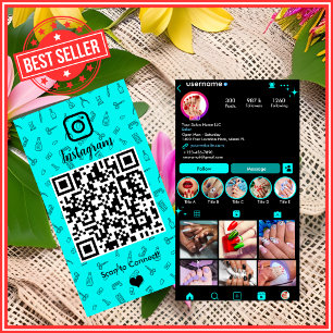 Carte De Visite Salon de manucure Turquoise Vibrant Instagram QR