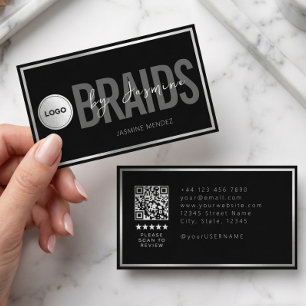 Carte De Visite Salon de tressage Black & White Code QR Logo Tress