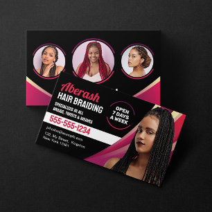 Carte De Visite Salon de tressage de cheveux noir et rose Ajouter