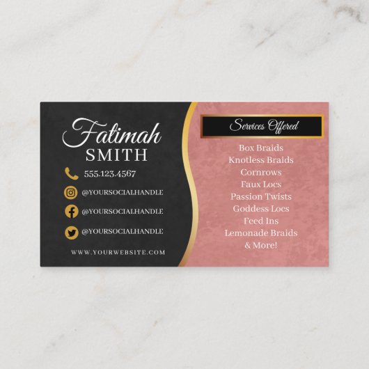 Carte De Visite Salon de tressage rose et or moderne cheveux (Dos)